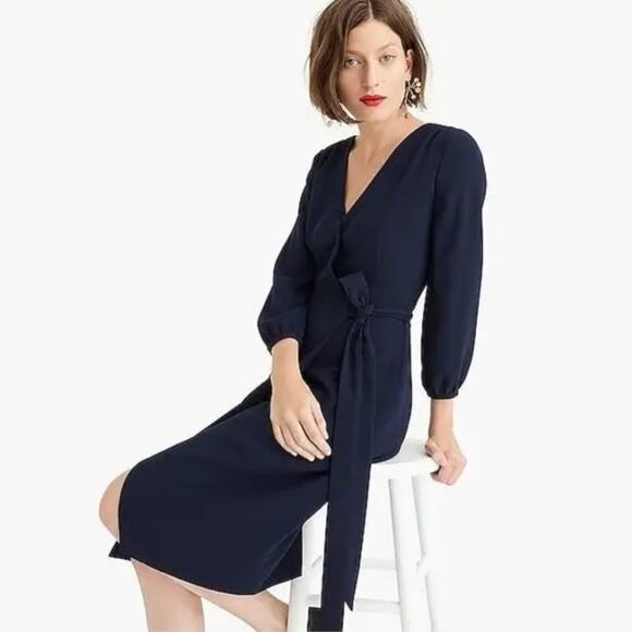New $150 J CREW Wrap Dress 365 Crepe Knee Length Minimalist Office Career Blue 6 - Picture 8 of 11